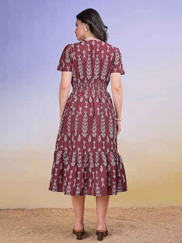 Image of PURVAJA Women's Boat Neck Cotton Dress(Floe-203-L Maroon)