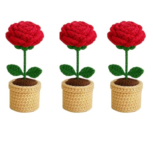 Image of VCR Handmade Crochet Red Rose Pot - Pack of 3 - Hand Woven Knitted Artificial Red Rose Pot Hand Knitted Flower for Office Desk, Table, Car, Bedroom, Wedding & Special Occasions