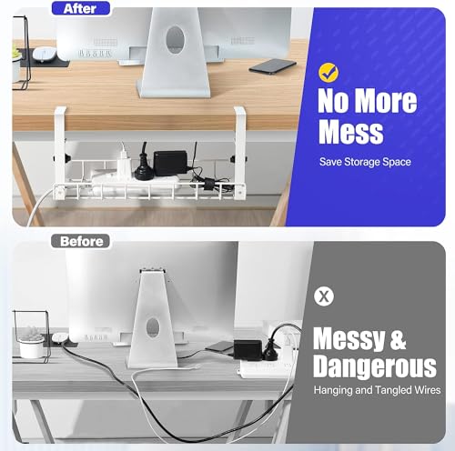 Image of Under Desk Cable Management Tray, White, No Drill No Screws, Wire Management, Computer Cable Rack, Office, Home - 7.3 Inches L x 6.1 Inches W x 18.5 Centimeters H