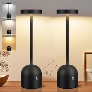 2 Pack Cordless Table Lamps, 5000mAh Rechargeable Battery Operated Outdoor Lamp, 3 Color Stepless Dimming Wireless LED Desk Table Light for Dining, Bedroom, Patio, Restaurant, Bar, Cafe(Black)
