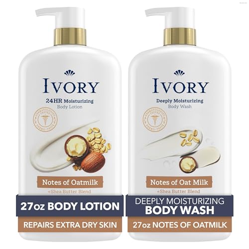 Image of Ivory Hand & Body Lotion + Body Wash Bundle, Oatmilk Scent, 24hr Moisturizing & Nourishing Hydration, Repairs and Soothes Extra Dry & Itchy Skin, Made with Shea Butter Blend, 27 fl oz (Pack of 2)