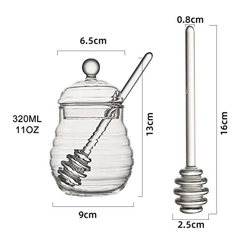 Forart Honey Jar with Dipper and Lid Glass Handmade Honey Pot Glass Made Honey Dipper and Honey Pot Heat-Resistant 11/14 oz Beehive Honey Pot for Home Kitchen