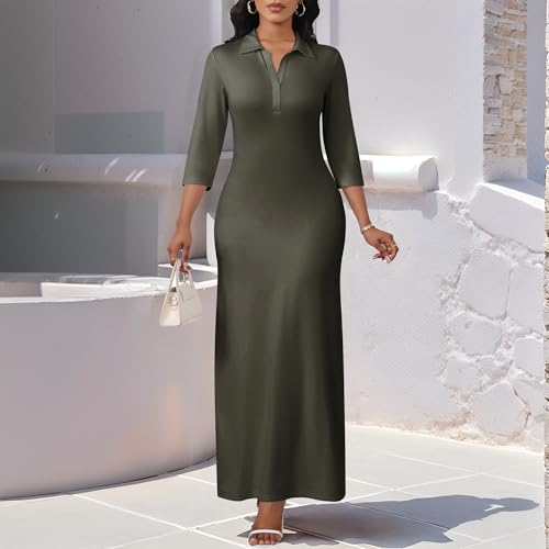 Image of PinkPatty Women's Casual 3 /4 Sleeve Polo V Neck Bodycon Maxi Dress