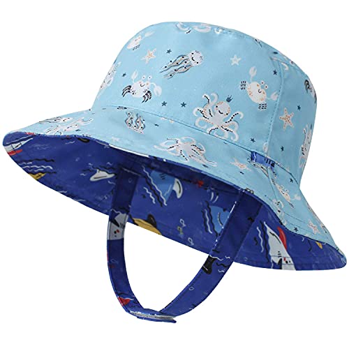 Lapi.zapi Baby Sun Hat Print Pattern Reversible Kids Boy Girls Hat Upf 50+ Sun Protection Beach Bucket Hat Wide Brim (0-6 Months, Blue Shark) #TOP6