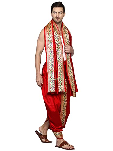 Image of Rameshwaram Fabrics Readymade Dhoti for Men, Velcro Style Stitched Mens Silk Dhoti Pant with Stole Set