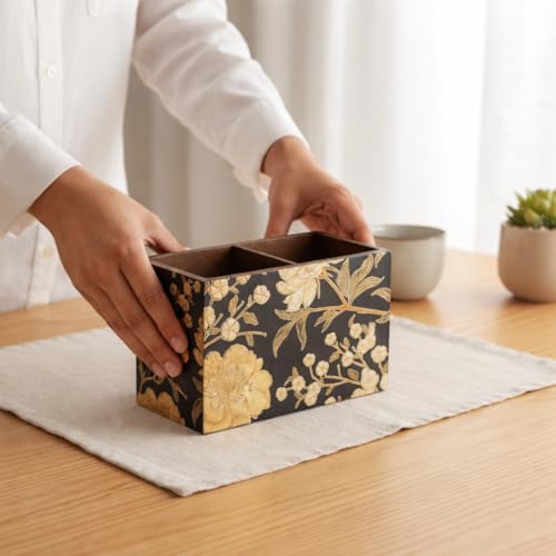 Image of Wooden Cutlery Holder with 2 Sections | Black Floral Design Spoon Stand | Cutlery stand for dining table & Kitchen | Chammach Stand| Cutlery holder for dining table(10 x 16 x 12 cm)