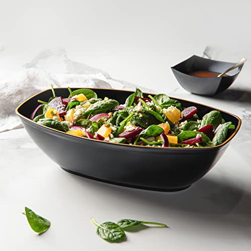 Posh Setting Oval Serving Bowls, Black/Gold Rim Plastic Serving Bowls, 4 Pack, 72 Ounce Large Plastic Disposable Party Snack, Buffet, Chips, Or Salad Bowl, Heavy Duty #TOP1