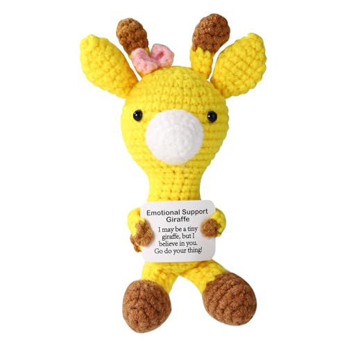 TOYMIS Positive Knitted Giraffe Doll Inspirational Crochet Emotional Cheerful Bow Giraffe Knitted Crochet Support Animal Gifts with Encouragement Card Handmade Cute Reminder for Family Friends