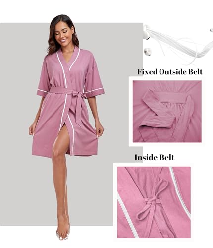 Image of ANLIQI Womens 100% Cotton Robes Lightweight Summer Short Sleeve Lady Bathrobe Knee Length Kimono Robe Sleepwear with Pockets