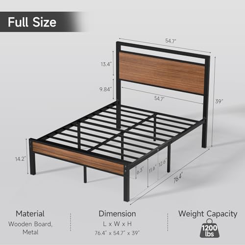 Image of Z-hom Full Metal Bed Frame&Wooden Headboard&Footboard,No Box Spring,Walnut | Heavy Duty &Metal Slats,No Box Spring Needed,Quiet&Non-Slip Design,Space Saving Bed Frame for Bedroom
