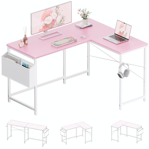 Image of Pamray 47 Inch Reversible L Shaped Gaming Desk Corner Computer Desk with Storage Bag Home Office Table for Writing Study Pink