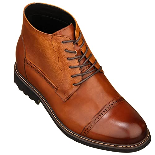 Image of CALTO Men's Invisible Height Increasing Elevator Shoes - Brown Leather Lace-up Cap-toe Boots with Inner Faux Fur - 3.2 Inches Taller - Y41085 - Size 7 D(M) US