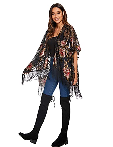 Image of MJ SERECA Women's Burnout Velvet Kimono Cardigan Cover Up with Tassel