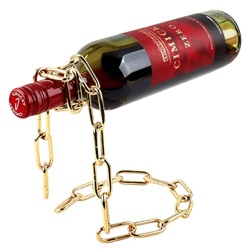 TBWHL Novelty Magic Wine Bottle Holder Floating Steel Link Chain Wine Bottle Rack/Holder - Holds Bottles in The Air, Unique Levitating Wine Bottle Stand for Home Bar, Kitchen, or Party Deco（Gold）