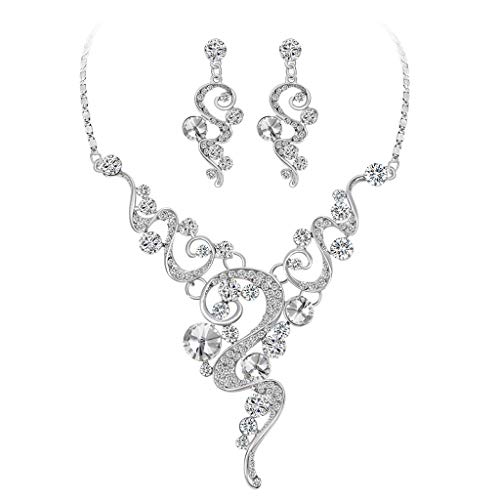 BEUU Women's Crystal Simulated Pearl Leaf Vine Necklace Earrings Set Clear Silver-Tone