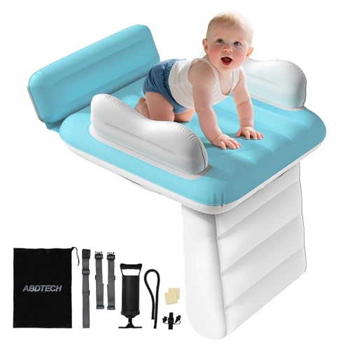 Image of Abdtech Inflatable Toddler Airplane Bed: Safe & Soft - Portable Kids Travel Bed with Airplane Seat Extender for Kids - Blow up Mattress with Manual Pump,Seat Belt and Travel Bag (31Inch, Sky Blue)