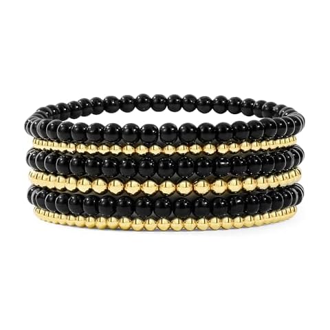 CONRAN KREMIX Black Bead Bracelet For Women,Black And Gold Ball Beaded Stretch Bracelet Stack Trendy Newton Bracelets Set 6pcs Cover