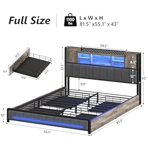 Full size bed frame with bookcase headboard storage drawers bed frame full size with led lights charging station heavy duty metal bed frame for kids adults no box spring needed charcoal gray  urban country home decor