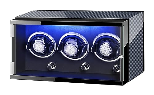 Cajas giratorias Caja enrolladora for 3 relojes automáticos con luces de colores Fuente de alimentación dual Almohadillas de reloj ajustables Motor silencioso Exclusivo Expositor de coleccionista