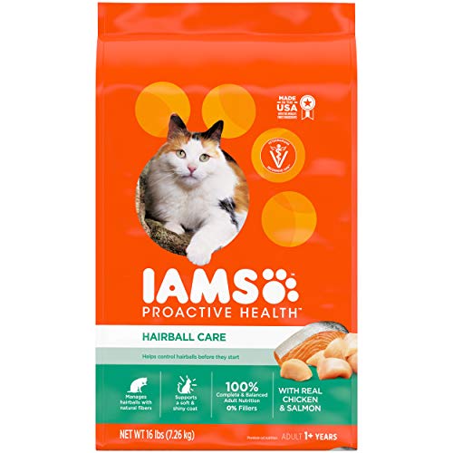 IAMS PROACTIVE HEALTH Adult Hairball Care Protein-Rich Hairball Control Dry Cat Food with Chicken and Salmon, 16 lb. Bag
