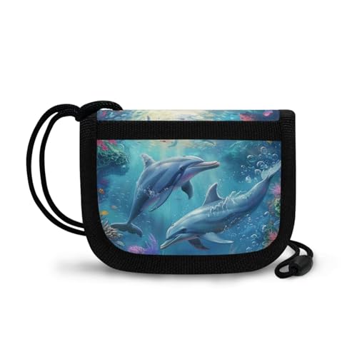 Ocean Dolphin Kids Wallet for Girls Ages 8-10 Lightweight Bifold Purse with Neck Rope Secure Coin Pouch Card Holders for Daily Use2