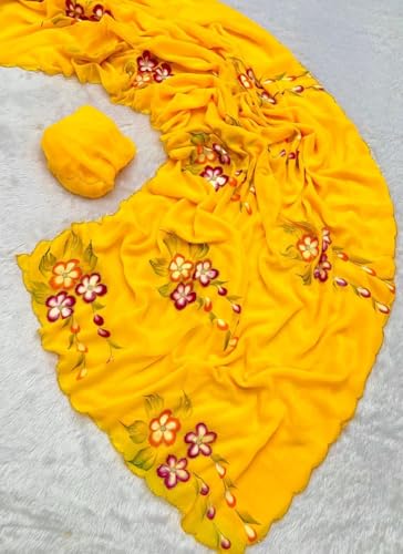 Image of Arkia Women's Floral Hand Embroidered Hand Painted Georgette Saree with Flowers, Traditional Indian Ethnic Wear
