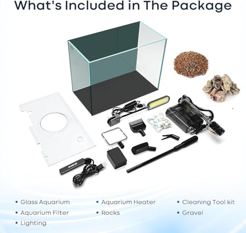 Image of Small Aquarium Set Glass 2.6 Gallon Fish Tank, Starter Kit with Heater Self Cleaning System Efficiency Filter Bright Light Rocks Gravel Cleaning Tool, Leak-Proof Ultra-Clear Rimless Desktop Betta Tank