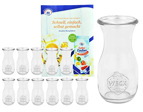 MamboCat 12er Set Weckgläser Saftflaschen 290 ml I Original Weck Glasflasche I Einweckflaschen für Säfte Saucen Öle UVM I Weck Flaschen ohne Deckel inkl. Diamant-Zucker Gelierzauber Rezeptheft