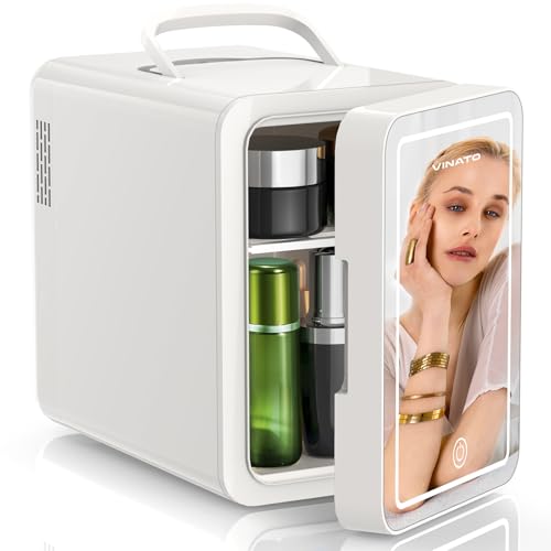 VINATO Nevera para Cosméticos 6L con Espejo LED - Mini Nevera Portátil, Nevera Skincare Silenciosa, Mini Frigorífico para Casa/Auto (Enfriar/Calentar)