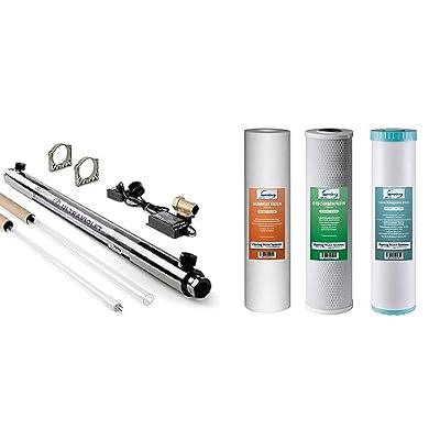 iSpring UVF55FS Whole House UV Water Filter & F3WGB32BM 4.5” x 20” 3-Stage Whole House Water Filter Set Replacement Pack White (Pack of 1)