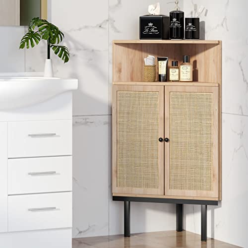 Xiao Wei 39 Inch 4-Tier Corner Cabinet With Two Handmade Natural Rattan Doors, Freestanding Corner, Corner Shelf, Corner Table For Small Spaces, Corner Bathroom Cabinet, Metal Legs #TOP7