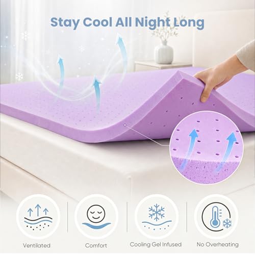 Image of DUMOS 2 Inch Cooling Memory Foam Mattress Topper Full, Gel Ventilated Soft Pressure Relief Mattress Pad, Breathable Bed Topper for Bedroom, RV, Camper and Sleeper Sofa, CertiPUR-US Certified, Purple