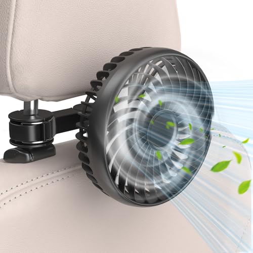 USB Car Fans for Backseat5.39in Portable Car Cooling Fan with 3 Speeds Quiet Brushless Motor Rotatable Air Ventilation for Kids Baby 5V/1A Headrest Mount Auto Cooler No Battery(Headrest Buckle)