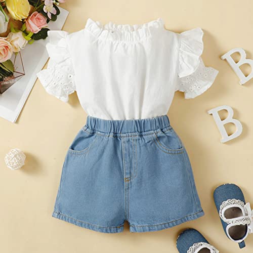 Lykmera Camiseta casual lisa de manga curta para meninas com babados e shorts jeans 2 peças é um pre