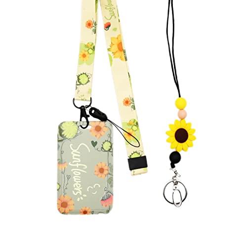 Aufruh 2Pcs Sunflower Lanyard For Id Badge With Card Holder，Sunflower Silicone Beaded Neck Lanyard, Soft Fabric Neck Strap With Metal Lobster Clasp For Women