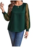 Floerns Women's Pearl Mesh Sheer Long Sleeve Blouse Shirts Tops Dark Green L