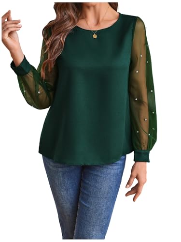 Floerns Women's Pearl Mesh Sheer Long Sleeve Blouse Shirts Tops Dark Green L