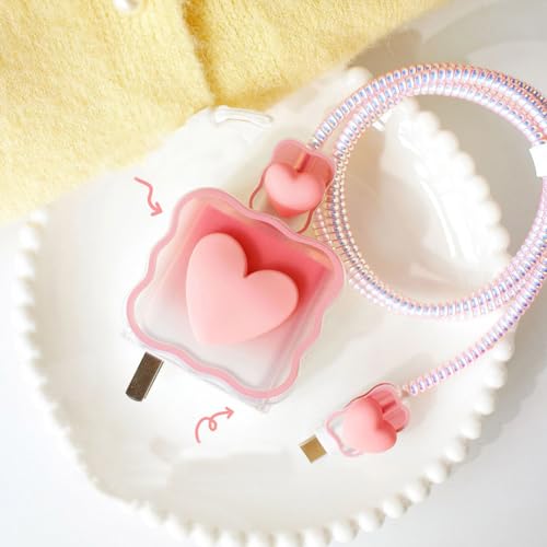 Protector de cable de datos USB iPhone XR 11 12 13 14 15 Pro Max silicona rosa forma corazón 20W 4