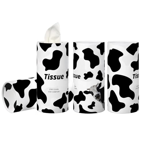 4 Pack Cow Print Car Tissue Holder, Portable Travel Tissues Cylinder Box Container with 3-Ply 200 Sheets Facial Tissues for Car Cup Holders, Refillable Convenient Automotive Interior Accessories