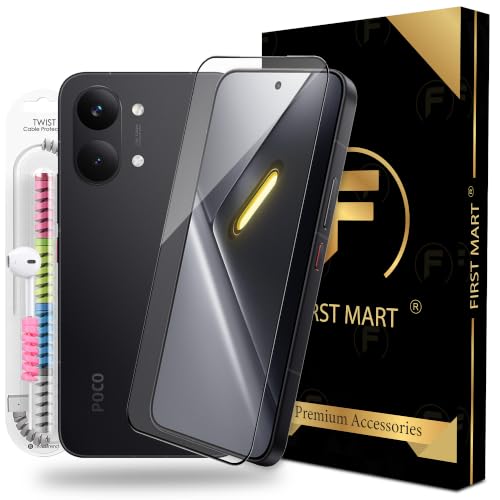 Image of FIRST MART Tempered Glass for Poco X8 Pro Max and Poco F7, 9H 0.3 mm Full-Glue Screen Protector with Cable Protector, 3D Edge-to-Edge, HD Clear, Case-Friendly, Black, Pack of 1