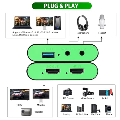 Image of USB 3.0 HDMI Video Capture Card for Nintendo Switch 2 1080P 60FPS Streaming | Plug & Play, No Driver, 4K@30Hz Passthrough, Mic Input, Audio Monitoring, Compatible with Switch, PS5, Xbox, OBS, PC, Mac