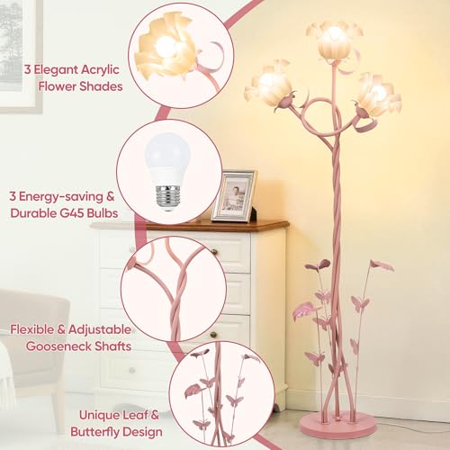 Image of TOBUSA Flower Floor Lamp for Bedroom, 3-Head Whimsical Pink Floor Lamp with Flexible Gooseneck, 67'' Tall Retro Floral Standing Lamp for Living Room, Modern Unique Cute Flower Corner Lamp for Girl