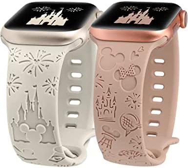Girovo 2 Packs Cartoon Engraved Bands Compatible with Apple Watch Bands 41mm 40mm 38mm Women, Cute Anime Designer Soft Silicone Strap for iWatch Series 8/7//6/5/4/3/2/1/SE/Ultra, Starlight & Milk Tea
