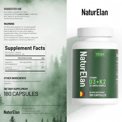 Image of NaturElan Vitamin D3 K2-20,000 IU D3 + 200mcg K2(MK-7), 180 Capsules | Supports Bone, Immune, Heart & Teeth Health, Non-GMO,Vegan, Third-Party Tested, Gluten Free, K2 D3 Vitamin for Men & Women