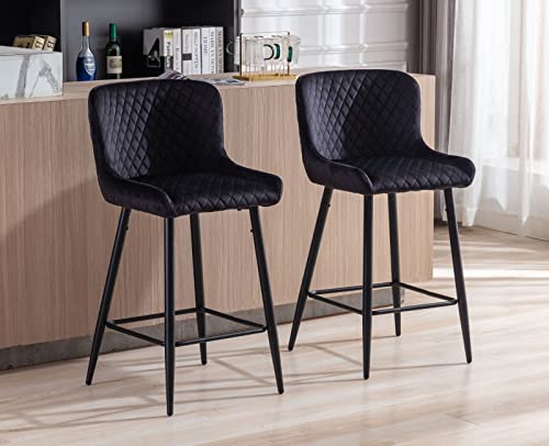 Kmax Counter Height Bar Stools Set Of 4, Velvet 26" Bar Stool With Modern Metal Black Legs And Footrest For Kitchen Island Home Indoor, Black #TOP1