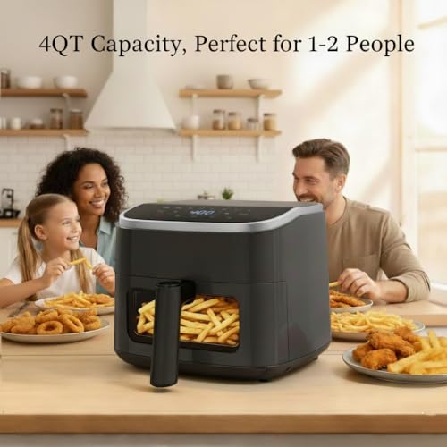 Image of HealSmart 4 Qt Air Fryer with Visible Window, 8-in-1 Digital Airfryer with Interior Light, 1500W, Nonstick Dishwasher-Safe Basket for Fries, Bake, Wings, 60-Min Timer, Black