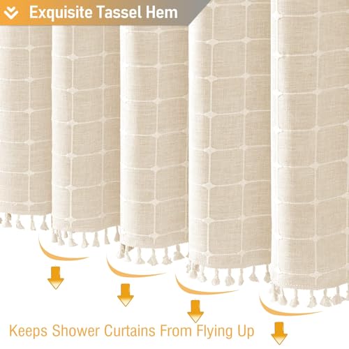 Image of BTTN Extra Long Shower Curtain - 72x90 Inch Long Boho Tassel Linen Fabric Shower Curtain Set with 12 Plastic Hooks, Modern Farmhouse Elegant Heavy Duty Cloth Shower Curtains for Bathroom - Cream /Beige