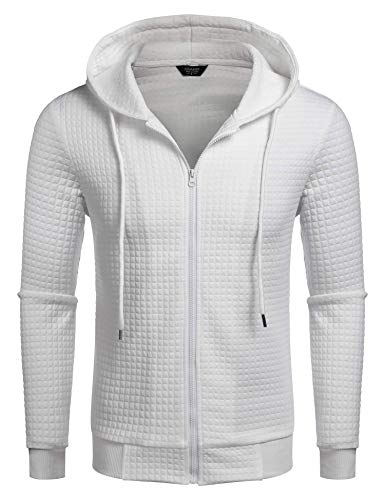 COOFANDY Fashion Zip-up Hoodie Sweatshirt Plain Drawsring Hoodie for Men White