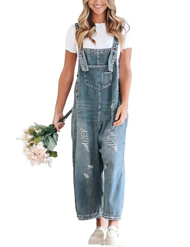 Sukany Women's Vintage Casual Denim Jean Overalls Loose Distressed Bib Dungarees Adjustable Baggy Harem Romper Jumpsuit Pants Dark Blue L
