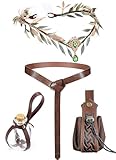 MOSTORY Mittelalter Haarschmuck Gürtel 4 Stück Set für Faschingskostüme Damen, Wikinger Elfen Krone Kork Trankflasche und Ledertaschen für Renaissance Accessoires Cosplay